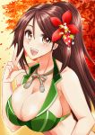  1girl alternate_costume amagi_(kantai_collection) bare_shoulders bikini breasts brown_eyes brown_hair cleavage collarbone commentary_request eyebrows eyebrows_visible_through_hair flower green_bikini_top hair_between_eyes hair_flower hair_ornament highres kantai_collection large_breasts long_hair looking_at_viewer makumaxu mole mole_under_eye open_mouth ponytail solo swimsuit upper_body v 
