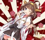 1girl ;d ahoge bankoku_ayuya bare_shoulders brown_hair detached_sleeves double_bun hairband headgear japanese_clothes kantai_collection kongou_(kantai_collection) long_hair nontraditional_miko one_eye_closed open_mouth remodel_(kantai_collection) ribbon-trimmed_sleeves ribbon_trim skirt smile 