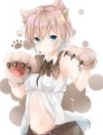  1girl animal_ears aqua_eyes belt brown_hair gloves highres looking_at_viewer mai_(12mai0426) paw_gloves paw_pose paws simple_background 