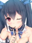  1girl black_hair blush breasts daiaru food hair_ornament long_hair looking_at_viewer neptune_(series) noire one_eye_closed open_mouth pocky pocky_day red_eyes ribbon solo twintails 