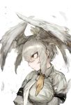 1girl absurdres bangs breast_pocket closed_mouth collared_jacket eyebrows_visible_through_hair from_side grey_jacket grey_neckwear hair_between_eyes head_wings highres hiranko jacket kemono_friends long_hair long_sleeves necktie pocket shoebill_(kemono_friends) short_over_long_sleeves short_sleeves side_ponytail silver_hair solo upper_body yellow_eyes 