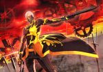  1boy akamiso_(k074510) buzz_cut dark_skin dual_wielding emiya_alter fate/grand_order fate_(series) gears gun highres holding holding_gun holding_weapon looking_at_viewer male_focus pants solo sword topless weapon white_hair yellow_eyes 