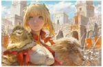  1girl armor blonde_hair breasts cleavage cleavage_cutout closed_mouth collar copyright_name crowd day fate/extra fate/grand_order fate_(series) fur_trim green_eyes hair_ribbon krenz lion ribbon saber_extra short_hair shoulder_armor solo sunlight 