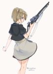  1girl black_shirt blue_eyes brown_hair cowboy_shot dated from_behind gun intrepid_(kantai_collection) kangoku_kou kantai_collection looking_at_viewer m1903_springfield miniskirt ponytail rifle shirt short_hair simple_background skirt solo weapon white_background white_skirt 