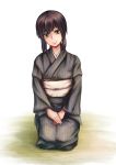  1girl aira_(qwedcxza49) alternate_costume asa_no_ha_(pattern) black_hair fubuki_(kantai_collection) green_eyes grey_kimono head_tilt highres japanese_clothes kantai_collection kimono looking_at_viewer low_ponytail ponytail seiza short_ponytail sidelocks sitting smile solo 