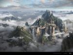  above_clouds blue_sky clouds cloudy_sky commentary dated day fantasy highres ming_yee_sheh mountain no_humans original outdoors scenery signature sky valley 