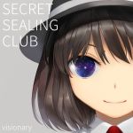  1girl black_hair brown_hair english face grey_background hat looking_at_viewer short_hair smile solo space suna_(s73d) touhou usami_renko 