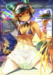  1girl abs african_wild_dog_(kemono_friends) african_wild_dog_ears african_wild_dog_tail animal_ears apron arm_behind_back bare_arms bare_shoulders beach bikini_top black_hair blonde_hair breasts breasts_apart chalkboard closed_mouth collarbone day dekameron detached_collar food full_body hand_up hat head_tilt highres holding holding_tray kemono_friends looking_at_viewer menu_board multicolored_hair navel ocean outdoors plate shoes short_hair sitting small_breasts smile sneakers solo stomach striped_bikini_top summer sweat swimsuit tail thigh-highs tray two-tone_hair waist_apron waitress wariza white_legwear wrist_cuffs yellow_eyes zettai_ryouiki 