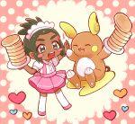  1boy alola_form alolan_raichu alternate_costume blush closed_eyes crossdressinging dark_skin dark_skinned_male enmaided food frills green_hair hau_(pokemon) heart high_five maid maid_headdress open_mouth pancake pokemon pokemon_(creature) pokemon_(game) pokemon_sm puffy_short_sleeves puffy_sleeves raichu short_hair short_ponytail short_sleeves smile thigh-highs white_legwear 