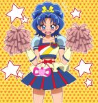  1girl blue_eyes blue_hair blush bow fang flying_sweatdrops hair_bow high_ponytail kirakira_precure_a_la_mode looking_at_viewer onomekaman open_mouth pom_poms ponytail popcorn_cheer precure puffy_short_sleeves puffy_sleeves short_sleeves skirt solo star starry_background sweatdrop tategami_aoi yellow_bow 