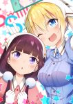  2girls ;d bangs blend_s blonde_hair blue_eyes blue_shirt blunt_bangs blurry blush breasts brown_hair bunny_ears_prank clenched_hands collared_shirt depth_of_field eyebrows_visible_through_hair gloves hair_between_eyes head_scarf hinata_kaho long_hair looking_up low_twintails medium_breasts multiple_girls one_eye_closed open_mouth pink_shirt pom_pom_(clothes) sakuranomiya_maika self_shot shirt smile star starry_background sylphine twintails v violet_eyes waitress white_background white_gloves wing_collar 