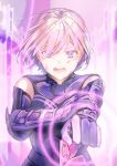  1girl bare_shoulders blood blood_on_face bodysuit cuts elbow_gloves eyebrows_visible_through_hair fate/grand_order fate_(series) gloves highres injury mash_kyrielight open_mouth purple_hair saijou_haruki short_hair solo violet_eyes wrist_grab 