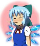  1girl blue_dress blue_hair cirno closed_eyes commentary_request dress food highres mouth_hold pocky pocky_day puffy_short_sleeves puffy_sleeves red_neckwear red_ribbon ribbon short_hair short_sleeves solo touhou wings yatsuchi_(mi) 