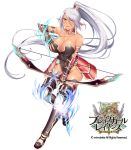  1girl bare_shoulders black_leotard blush boots bow_(weapon) brave_girl_ravens breasts brown_eyes character_request cleavage collarbone copyright_name covered_navel dark_elf dark_skin elbow_gloves elf energy_arrow fingerless_gloves full_body gloves hair_between_eyes high_ponytail holding holding_bow_(weapon) holding_weapon horosuke_(toot08) large_breasts leotard long_hair looking_at_viewer official_art parted_lips pointy_ears silver_hair simple_background smile solo standing thigh-highs thigh_boots very_long_hair weapon white_background 