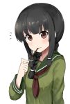  1girl black_hair braid brown_eyes commentary_request food highres kantai_collection kitakami_(kantai_collection) long_hair looking_at_viewer mouth_hold okitsugu pocky pocky_day school_uniform serafuku simple_background single_braid sketch smle solo white_background 