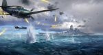  aircraft airplane battleship clouds cloudy_sky commentary day flying highres historical_event ling_xiang military military_vehicle no_humans ocean original outdoors ship signature sky torpedo war warship water watercraft waves 