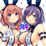  2girls animal_ears aqua_eyes armpits ascot bare_shoulders black_neckwear blue_eyes blush brave_girl_ravens breasts brooch brown_hair cleavage closed_mouth confetti fake_animal_ears gloves hair_flaps hair_over_one_eye hairband heterochromia horosuke_(toot08) jewelry large_breasts long_hair looking_at_viewer multiple_girls parted_lips purple_hair rabbit_ears sideboob smile upper_body v violet_eyes white_gloves 