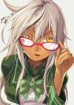  1girl blonde_hair blush dark_skin glasses guilty_gear guilty_gear_xrd long_hair looking_at_viewer orange_eyes ramlethal_valentine simple_background smile solo white_background white_hair yora 