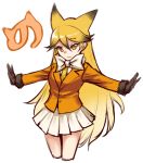  1girl animal_ears black_gloves blonde_hair bow bowtie breasts ezo_red_fox_(kemono_friends) fur_trim gloves jonylaser kemono_friends long_hair looking_at_viewer necktie simple_background skirt solo white_background yellow_eyes 