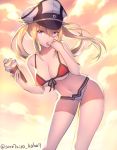  1girl bare_shoulders blonde_hair breasts cleavage cowboy_shot finger_to_mouth food graf_zeppelin_(kantai_collection) hat holding holding_food ice_cream kantai_collection large_breasts long_hair looking_at_viewer navel peaked_cap red_bikini_top solo sunset touwa_nikuman twintails twitter_username violet_eyes white_bikini_bottom 
