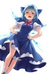  &gt;:o 1girl blue_dress blue_eyes blue_hair blush bow breasts cirno dress hair_bow hands_on_hips highres ice ice_wings looking_at_viewer open_mouth puffy_short_sleeves puffy_sleeves red_ribbon ribbon short_hair short_sleeves small_breasts solo touhou usotsuki_penta wings 