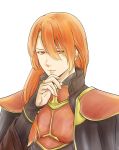  1boy armor cape circlet fire_emblem fire_emblem_echoes:_mou_hitori_no_eiyuuou gyakko highres long_hair low_ponytail luthier_(fire_emblem) male_focus orange_eyes orange_hair simple_background solo upper_body white_background 