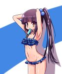  1girl armpits arms_behind_head bangs bikini black_hair blue_bikini blunt_bangs blush breasts food food_in_mouth frilled_bikini frills groin hair_bobbles hair_ornament highres hinako_note long_hair looking_at_viewer nakajima_yua nanarokushiki navel popsicle side_ponytail small_breasts solo swimsuit very_long_hair wet yellow_eyes 