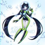  absurdly_long_hair air_bubble araquanid blue_eyes bubble character_name full_body greenriverknight grey_skin highres long_hair looking_at_viewer navel navel_cutout personification pokemon standing twintails underwater very_long_hair wavy_mouth 