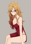  asymmetrical_bangs bangs bare_shoulders breasts cleavage expressionless glasses grey_background highres kiryuu_moeka large_breasts light_brown_hair lingerie looking_at_viewer negligee panties parted_bangs red_eyes red_panties side_slit simple_background sitting steins;gate steins;gate_0 underwear yahiro_(epicopeiidae) 