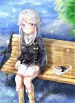  1girl bench blue_eyes blush book closed_mouth crying crying_with_eyes_open eyebrows_visible_through_hair highres holding holding_book imouto_sae_ireba_ii kani_nayuta kayakooooo long_hair looking_at_viewer rain silver_hair sitting solo tears wet 