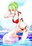  1girl alternate_costume alternate_hairstyle bangs bikini blue_sky breasts cleavage closed_mouth day green_hair halter_top halterneck highres itocoh kazami_yuuka large_breasts looking_at_viewer ocean plaid plaid_bikini ponytail red_bikini red_eyes short_hair sky smile solo swimsuit touhou 