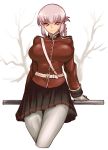  1girl belt braid breasts fate/grand_order fate_(series) florence_nightingale_(fate/grand_order) folded_ponytail jonylaser large_breasts looking_at_viewer military military_uniform pink_hair pleated_skirt red_eyes skirt smile solo uniform white_legwear 