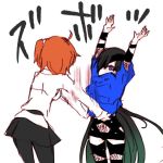  2girls ahoge arms_up black_hair black_ribbon black_skirt blue_shirt commentary_request eyepatch fate/grand_order fate_(series) fishnets fujimaru_ritsuka_(female) gradient_hair green_hair hair_over_one_eye long_hair long_sleeves looking_at_another mochizuki_chiyome_(fate/grand_order) motion_blur multicolored_hair multiple_girls orange_hair ribbon shiromantou shirt side_ponytail sketch skirt translation_request very_long_hair violet_eyes 