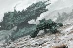  cannon caterpillar_tracks clouds cloudy_sky grass grey_sky ground_vehicle hwanggyu_kim mecha military military_vehicle motor_vehicle no_humans original outdoors scenery sky smoke snow tank walker 