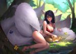  1girl adapted_costume ahri animal_ears artist_request black_hair blurry bra breasts butterfly cleavage depth_of_field facial_mark fox fox_tail highres league_of_legends lips lying medium_breasts multiple_tails nail_polish on_side outdoors panties red_bra red_panties solo tail underwear violet_eyes whisker_markings 