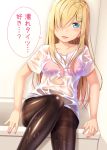  black_legwear blonde_hair blush bra gurande_(g-size) hair_ornament hair_over_one_eye highres long_hair nail_polish original pantyhose pink_bra pink_nails see-through shirt smile speech_bubble thighband_pantyhose translation_request underwear wet wet_clothes white_shirt x_hair_ornament 