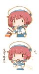  1girl :3 artist_name blue_neckwear blush_stickers braid chibi comic commentary_request etorofu_(kantai_collection) food food_in_mouth gloves hanomido hat highres kantai_collection long_sleeves neckerchief pocky pocky_day redhead sailor_hat school_uniform serafuku short_hair solid_eyes translation_request twin_braids white_gloves |_| 