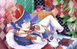  1boy ;) blue_eyes blue_hair boots cape checkered chocolate crown epaulettes fur_trim gift kaito legs_crossed lips looking_at_viewer looking_back male_focus one_eye_closed pants plant sitting smile solo toro_(tsunatan02) vocaloid white_pants 