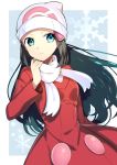  &gt;:( adjusting_scarf arm_behind_back beanie blue_eyes blue_hair blush border closed_mouth coat hair_ornament hairclip hat highres hikari_(pokemon) long_hair long_sleeves pokemon pokemon_(game) pokemon_dppt red_coat scarf serious snowflake_background tareme upper_body white_border white_hat white_scarf winter_clothes winter_coat yuihiko 