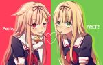  2girls artist_request black_ribbon black_serafuku blonde_hair blush breasts commentary_request dual_persona eyebrows_visible_through_hair food food_in_mouth green_eyes hair_between_eyes hair_flaps hair_ornament hair_ribbon hairclip highres kantai_collection looking_at_viewer multiple_girls neckerchief open_mouth pocky pretz red_eyes red_neckwear remodel_(kantai_collection) ribbon scarf school_uniform serafuku short_sleeves teeth white_scarf yuudachi_(kantai_collection) 
