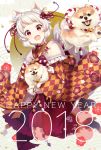  1girl 2018 :d animal_ears bangs bell blunt_bangs dog dog_ears english eyebrows_visible_through_hair fang gloves happy_new_year highres ichiren_namiro japanese_clothes jingle_bell kimono long_sleeves looking_at_viewer nengajou new_year open_mouth red_eyes short_eyebrows short_hair silver_hair smile thick_eyebrows white_gloves year_of_the_dog 