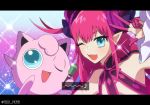  1girl aqua_eyes crossover fang fate/extra fate/extra_ccc fate_(series) gradient gradient_background holding holding_microphone horns jigglypuff lancer_(fate/extra_ccc) long_hair looking_at_viewer mawiko microphone open_mouth pink_hair pointy_ears pokemon pokemon_(creature) sparkle_background twitter_username upper_body w 