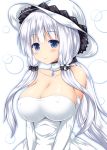  1girl azur_lane bare_shoulders blue_eyes blush breasts choker cleavage collarbone commentary_request dress elbow_gloves erect_nipples gloves hair_ornament hat illustrious_(azur_lane) large_breasts long_hair looking_at_viewer nagana_sayui off-shoulder_dress off_shoulder revision simple_background smile solo sun_hat tri_tails v_arms white_background white_dress white_gloves white_hair 