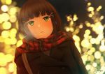  1girl backlighting bag bangs black_coat blunt_bangs blurry blush bokeh breath buttons coat depth_of_field double-breasted dutch_angle from_below hair_ornament hairclip kurosawa_dia lips long_hair love_live! love_live!_sunshine!! outdoors papi_(papiron100) parted_lips plaid plaid_scarf red_scarf scarf shoulder_bag signature upper_body winter winter_clothes winter_coat 