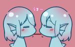  2girls =_= animal_ears bangs blue_hair blue_skin blush chibi closed_mouth dorsal_fin eyebrows_visible_through_hair facing_another fins food from_side head_fins kamaboko_(mato225) monster_girl multiple_girls original pink_background pocky pocky_kiss profile shared_food short_hair simple_background symmetry 