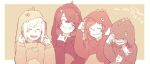  2boys 2girls bandaid bandaid_on_face brown_background closed_eyes cosplay covering_face dinosaur flower_(vocaloid) fukase hair_over_one_eye highres hood kigurumi long_hair mi_no_take monochrome multiple_boys multiple_girls sepia sf-a2_miki simple_background upper_body utatane_piko vocaloid 