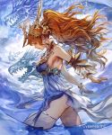  1girl blue_dress bracelet breasts brown_eyes cowboy_shot detached_sleeves dragon dress earrings floating_hair from_side highres jewelry long_hair medium_breasts nijihara open_mouth orange_hair ponytail shadowverse shingeki_no_bahamut sideboob sleeveless sleeveless_dress solo thigh_strap very_long_hair 