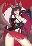  1girl absurdres akagi_(azur_lane) animal_ears artist_name azur_lane bangs bare_shoulders black_gloves black_hair blush breasts character_name cleavage cleavage_cutout contrapposto corset detached_sleeves erect_nipples fangs fox_ears fox_tail gloves highres japanese_clothes large_breasts lifted_by_self long_hair long_sleeves looking_at_viewer miniskirt multiple_tails open_mouth panties partly_fingerless_gloves red_eyes ribbon-trimmed_sleeves ribbon_trim shi_ling_yu skirt skirt_lift smile solo tail underwear white_panties wide_sleeves 