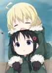  2girls :o anger_vein bangs black_gloves black_hair blonde_hair blue_eyes blue_sky blush chito_(shoujo_shuumatsu_ryokou) closed_eyes clouds commentary_request day drooling fur-trimmed_jacket fur-trimmed_sleeves fur_trim gloves green_jacket hair_between_eyes hair_tie highres jacket long_hair low_twintails lying_on_person military military_jacket military_uniform multiple_girls open_mouth outdoors parted_lips saliva shoujo_shuumatsu_ryokou sitting sky sleeping tomifumi twintails uniform yuuri_(shoujo_shuumatsu_ryokou) 