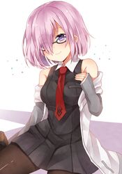  1girl black_dress black_legwear commentary_request dress fate/grand_order fate_(series) glasses hair_over_one_eye looking_at_viewer necktie pantyhose pleated_dress purple_hair shielder_(fate/grand_order) shikino_(sikinonono) short_hair sitting sleeveless sleeveless_dress smile solo violet_eyes wariza 